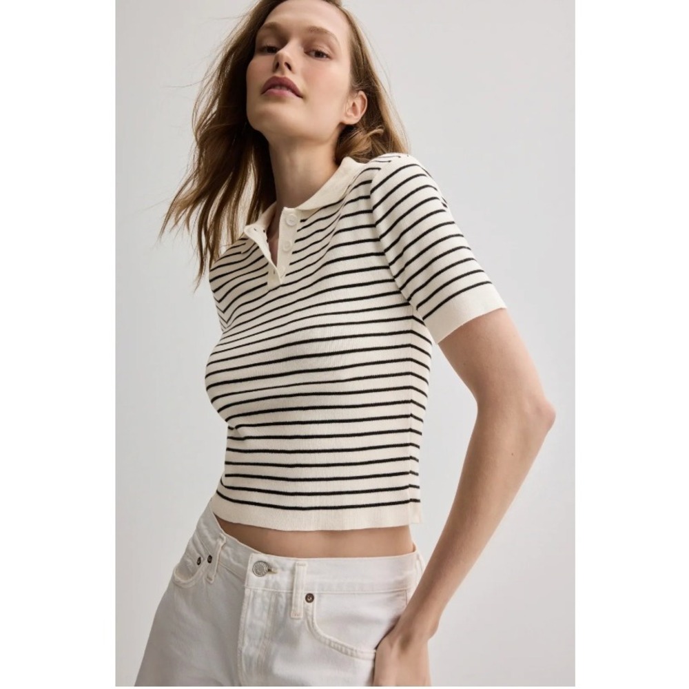 Alexia Admor Elani Polo Sweater White Black Striped Knit Top Womens Size L